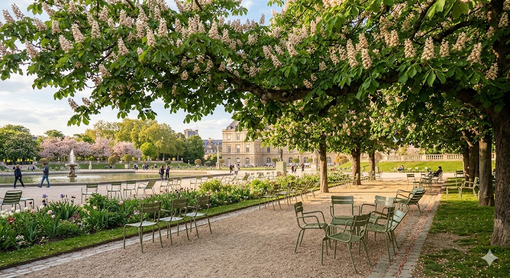 paris The classic sage-green chairs of the Luxembourg Gardens situated under a canopy of blooming chestnut trees