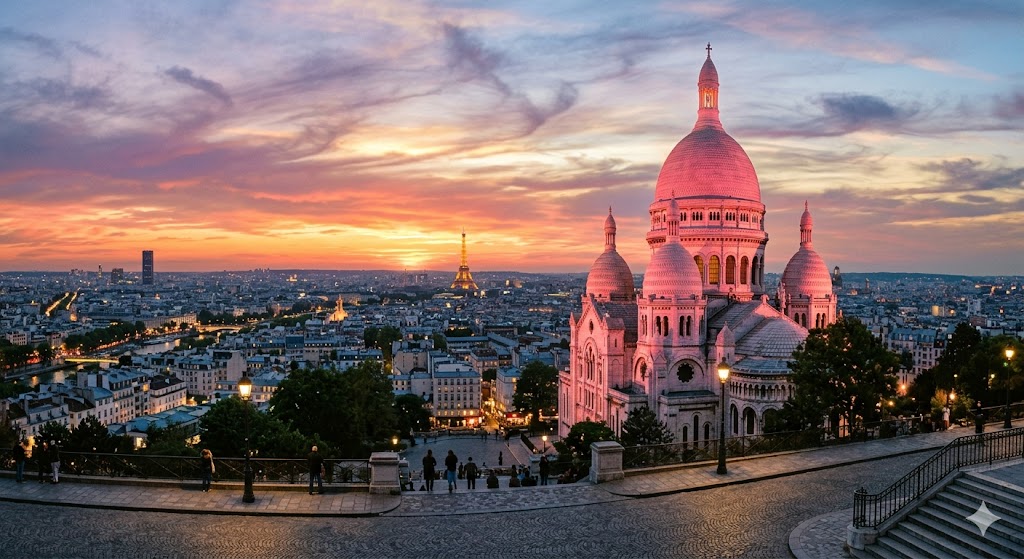 paris The white domes of the Sacré-Cœur glowing pink against a sunset sky, overlooking the sprawling city below.