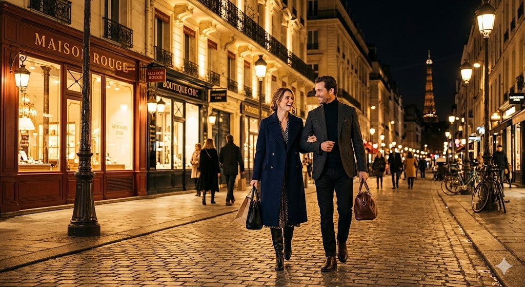 paris at night two elegant travelers walking confidently down a well-lit, upscale Parisian street, with the warm glow of shop windows nearby.