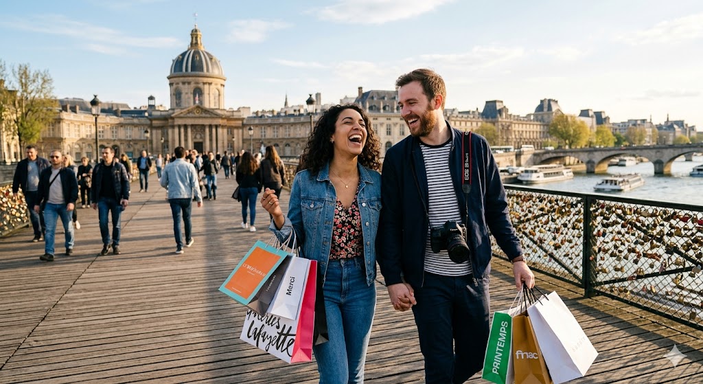 paris candid, joyful photo of a couple laughing while crossing the Pont des Arts with shopping bags and a camera