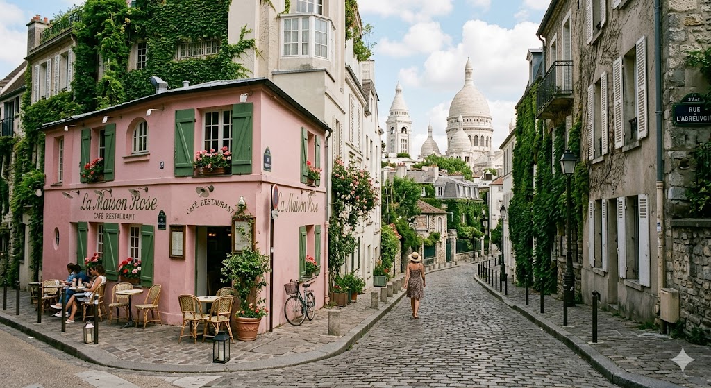 paris charming, quiet street in Montmartre with a pink cafe (La Maison Rose) and the dome of the Sacré-Cœur in the background.