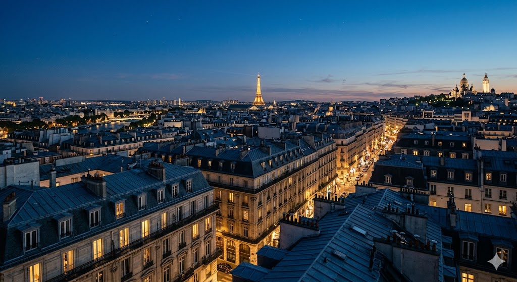 paris cinematic shot of the Paris skyline at the blue hour, featuring the Haussmann rooftops in Midnight Navy tones.