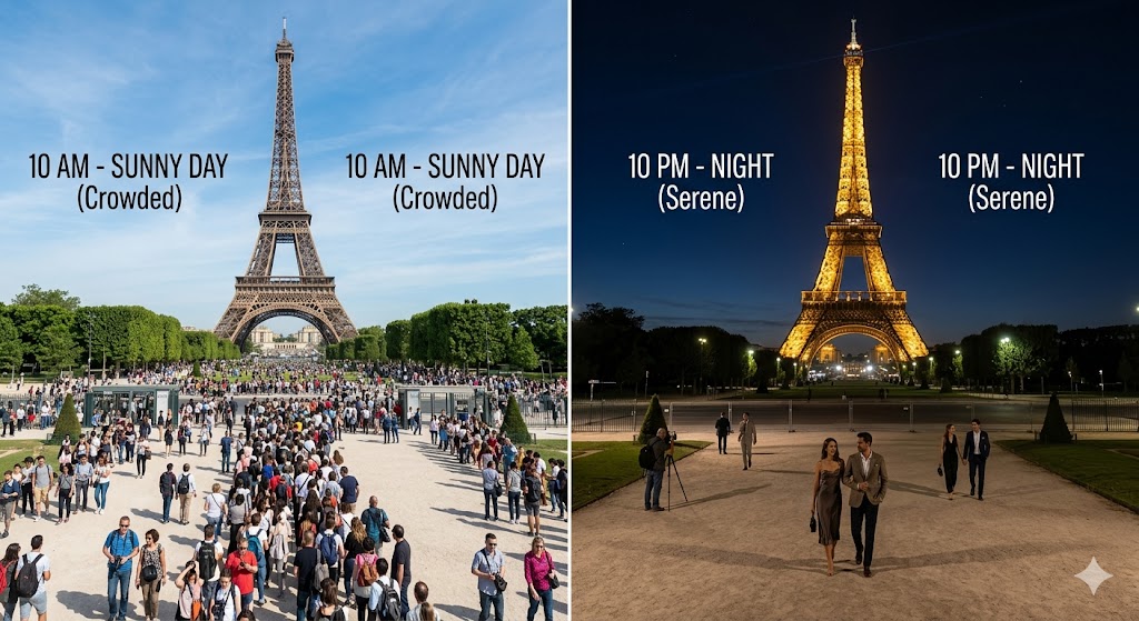 paris eiffel tower in daytime vs at nighttime