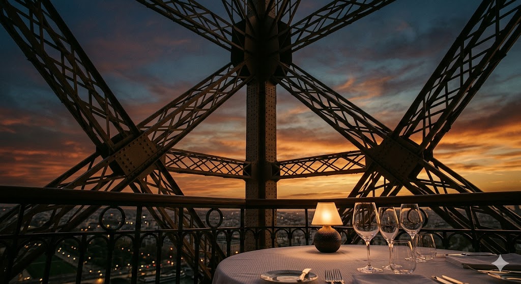 paris eiffel tower luxurious shot looking up through the ironwork of the Eiffel Tower at sunset, with a hint of a set dinner table in the foreground.