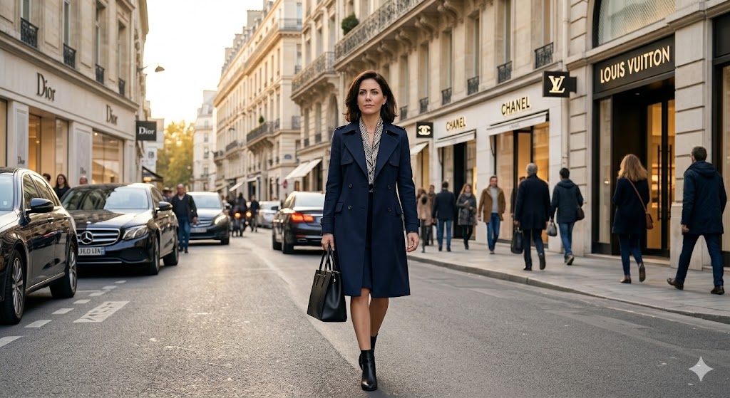 paris elegant traveler walking confidently down the Avenue Montaigne, purposeful and looking forward, unaffected by the bustle