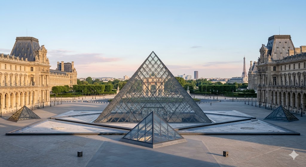 paris iconic Louvre pyramid in the crisp morning light, devoid of crowds, leading toward the Tuileries Garden.