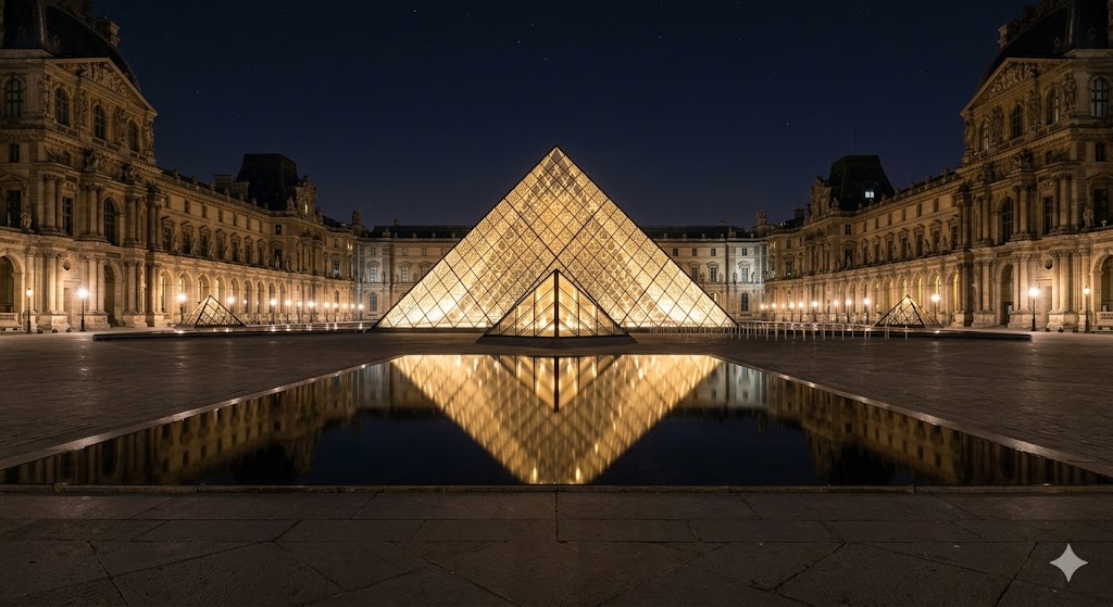 paris louvre A wide-angle, midnight-navy-toned shot of the Louvre Pyramid glowing with champagne-gold light, reflecting perfectly in the still water with no people in sight