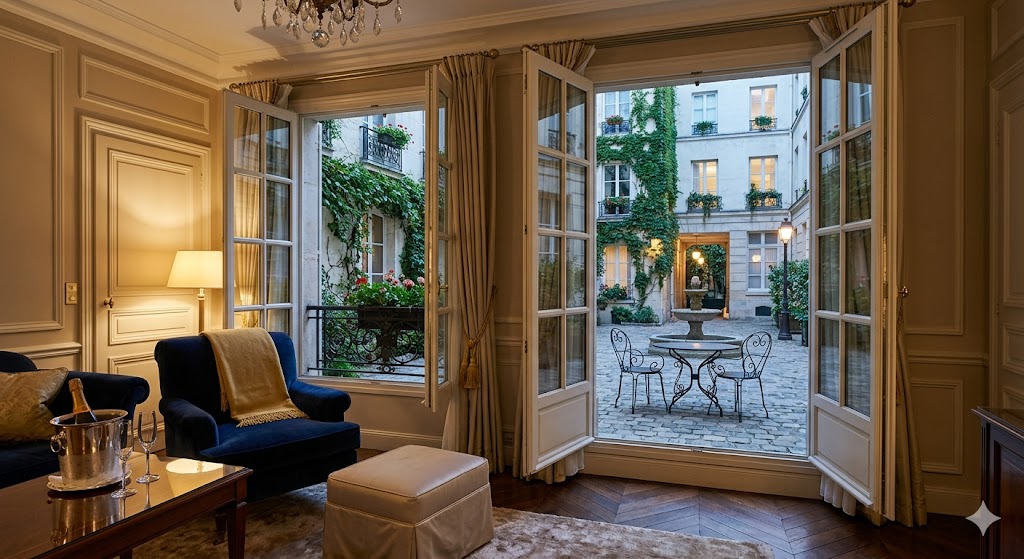 paris luxury hotel suite with open French windows overlooking a quiet, cobblestone courtyard.