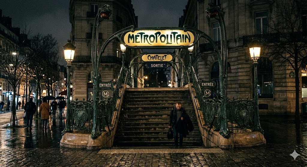 paris moody shot of a dimly lit metro entrance with the classic Art Nouveau Metropolitain sign.