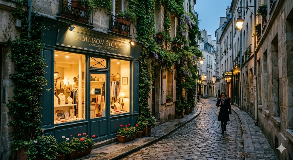 paris narrow, ivy-covered cobblestone street in Le Marais with a small, glowing boutique storefront.