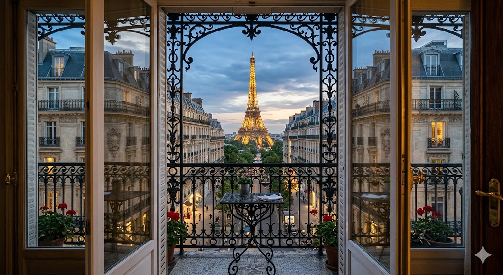 paris perspective shot of the Eiffel Tower framed by the elegant Haussmann-style balconies of the 8th Arrondissement.