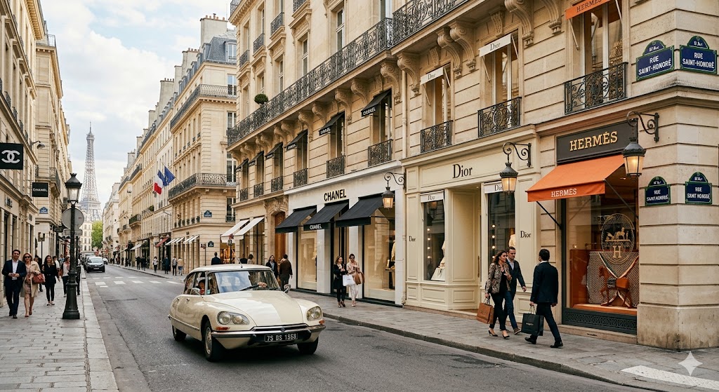 paris row of designer boutiques on Rue Saint-Honoré with a vintage Citroën driving by.