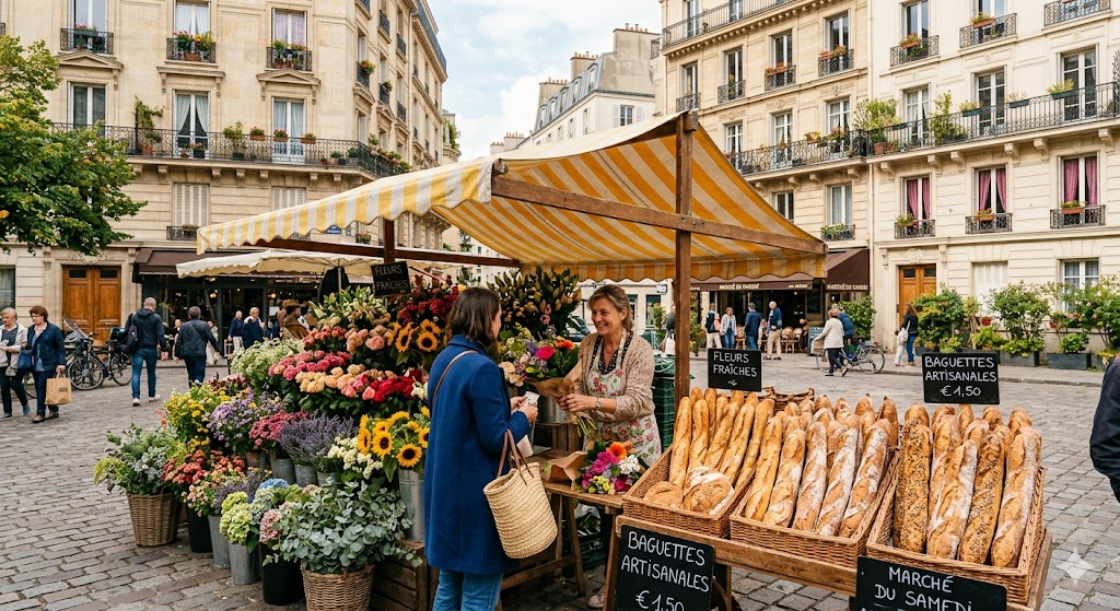 paris vibrant local market stall with fresh flowers and crusty baguettes in a residential square.