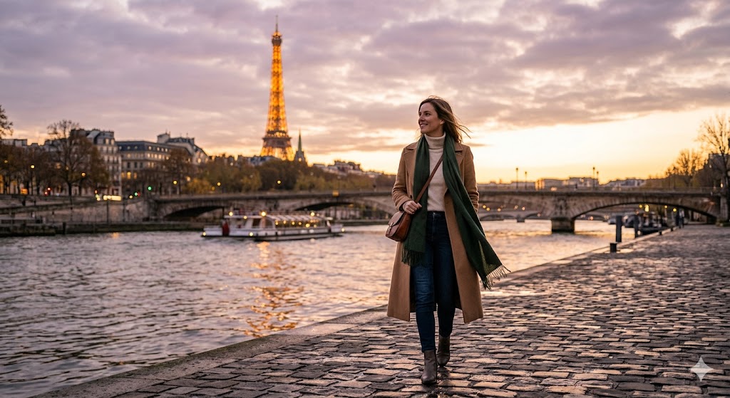 paris woman working along seine
