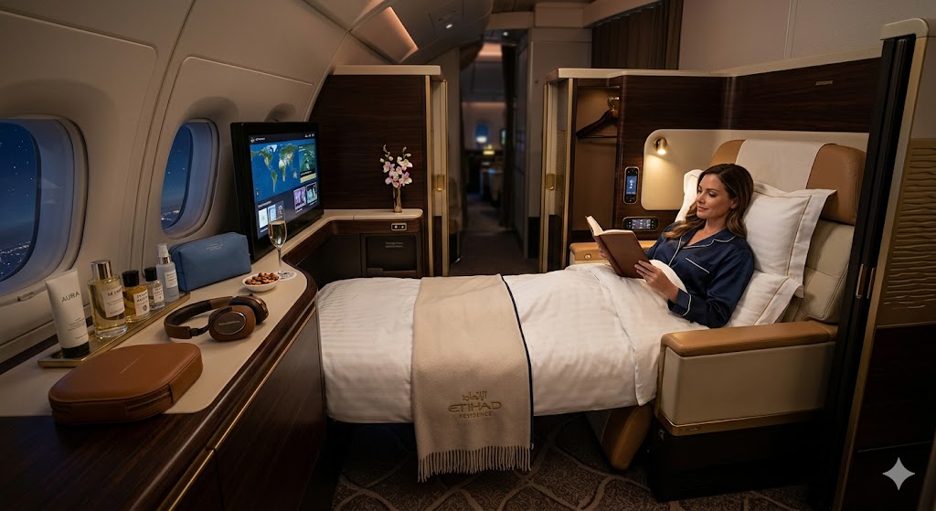 plane The luxurious interior of a private First Class airline suite with fully flat bed and premium amenities.