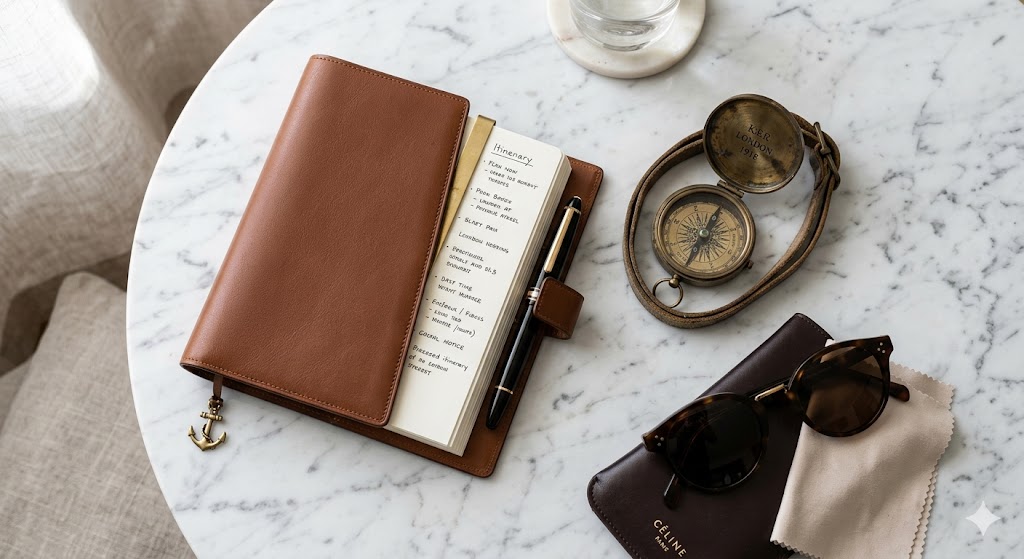 planning image flat lay of a high-end leather planner next to a vintage compass and a pair of designer sunglasses on a marble surface.