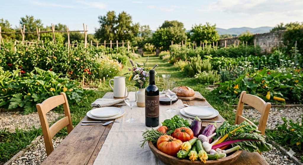 rome beautifully set table in an organic vegetable garden (an Orto), with a bottle of Super Latium red wine and fresh, vibrant produce in the foreground.