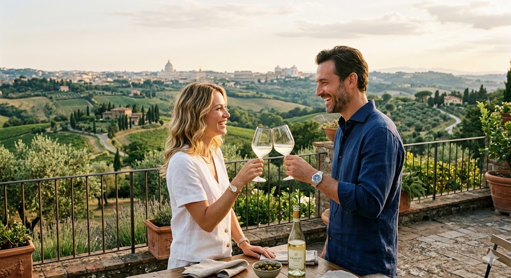rome couple with wine