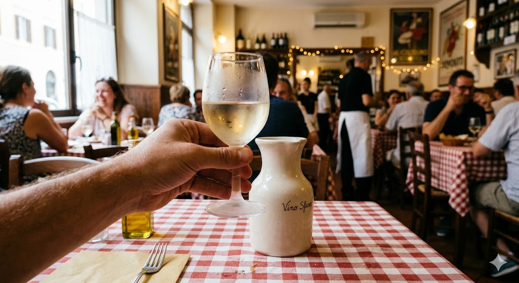rome hand lifting a glass frosted with condensation, taken from a plain ceramic carafe on a checkered tablecloth in a bustling Roman trattoria.
