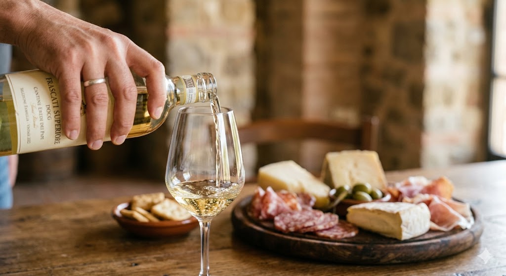rome hand pouring a glass of pale gold Frascati Superiore, with a plate of local artisan cheeses and cured meats in the background at Cantine Eredi dei Papi.