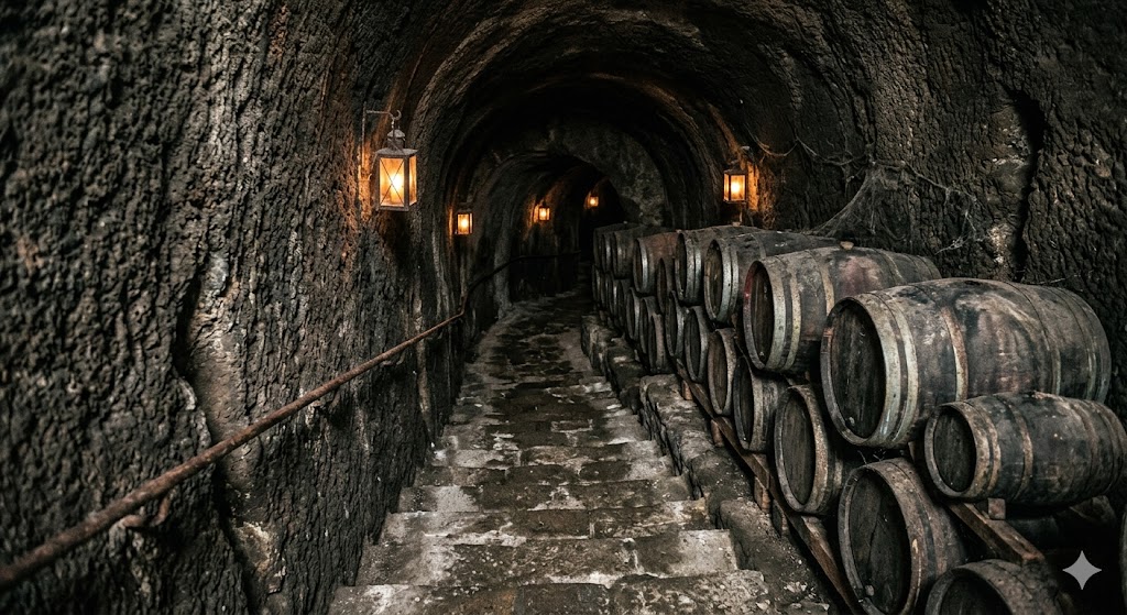 rome shot looking down a stone staircase into a dimly lit, ancient Roman tunnel carved into soft volcanic rock, with wine barrels lining the walls.