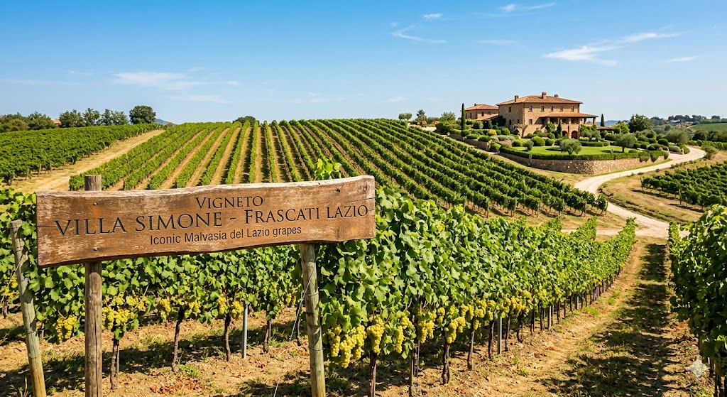 rome shot of rows of Malvasia del Lazio grapes under a bright blue sky at the prestigious Vigneto Villa Simone estate.