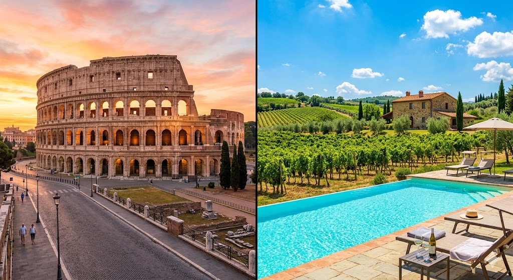 rome split screen image one side showing the Colosseum at sunrise, the other side showing a lush vineyard with a swimming pool under the Italian sun.