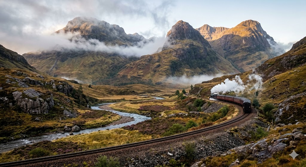 scotland stunning landscape shot of the rugged, mist-covered mountains of Glencoe or the dark waters of Loch Ness with Urquhart Castle ruins. with a train going past