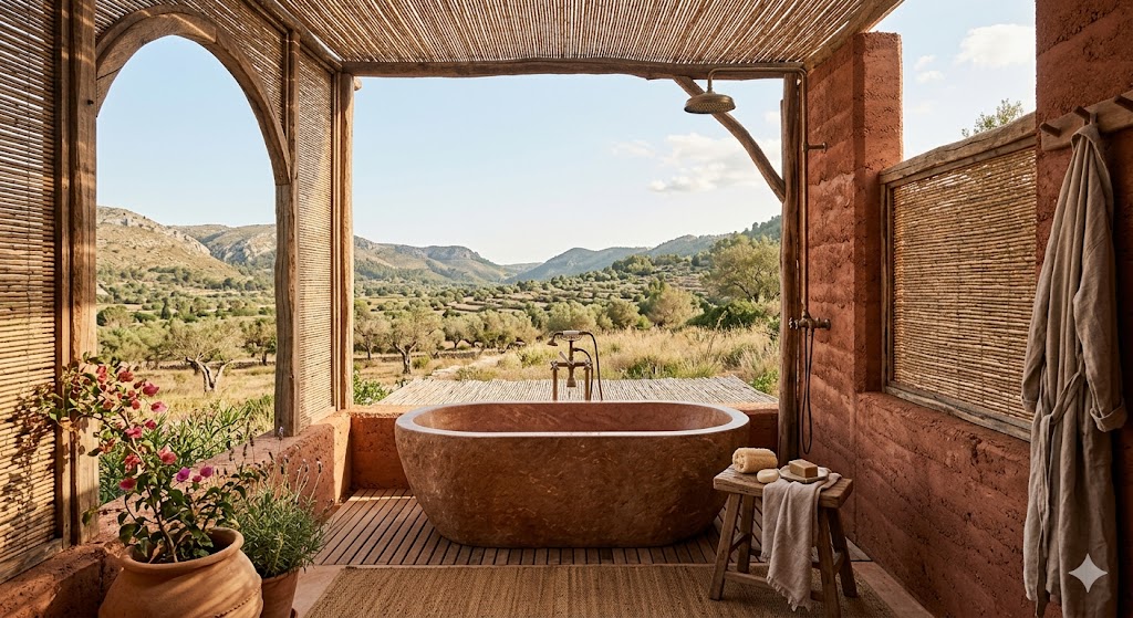 spain A serene photograph of an open-air bathroom with a stone tub and rain shower, built from local reddish Mallorcan soil and cane, overlooking a quiet valley.
