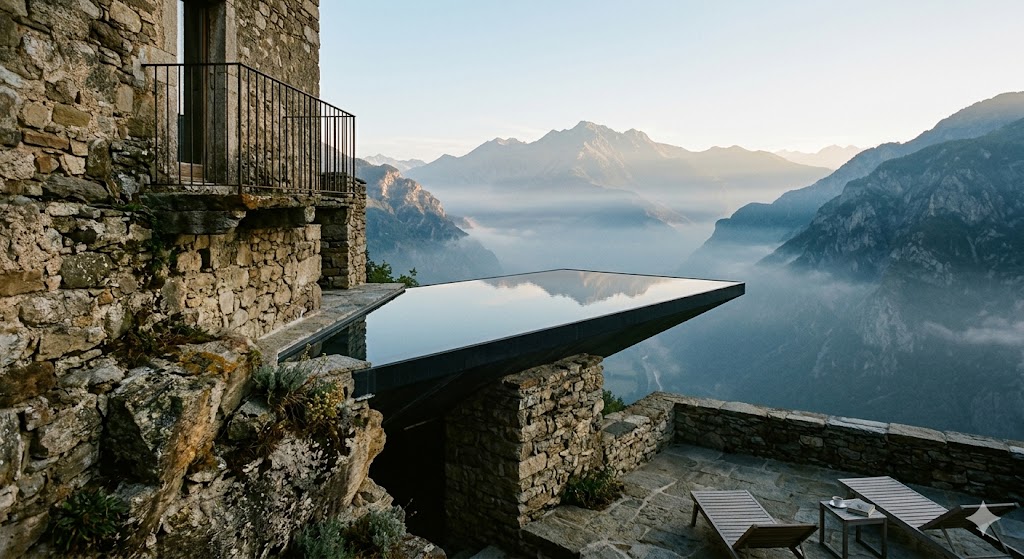 spain infinity pool with a dark water surface, perfectly cantilevered off an ancient, weathered 15th-century stone wall, looking towards a valley of mist-covered mountains