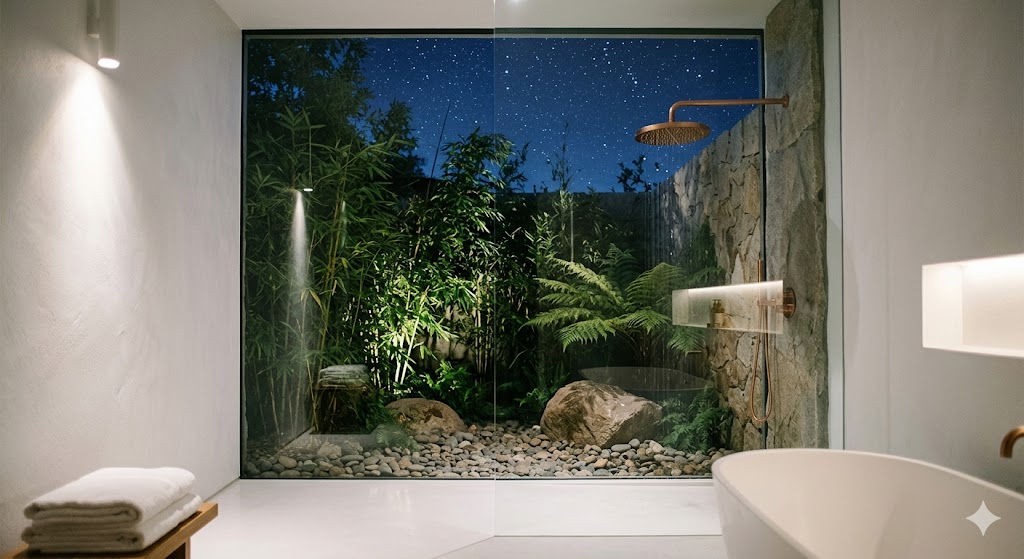 spain inside a minimalist white-walled bathroom, looking through a full-glass wall to a private bamboo-and-fern garden with a copper shower head under the stars.