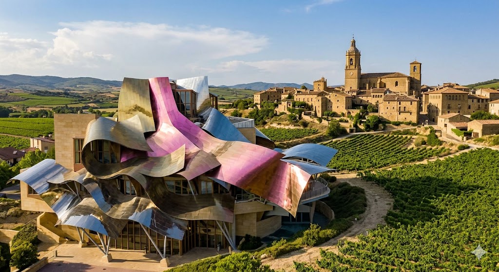 spain la rioja undulating pink and gold metal roof of the Marqués de Riscal hotel contrasting sharply against a medieval stone village skyline