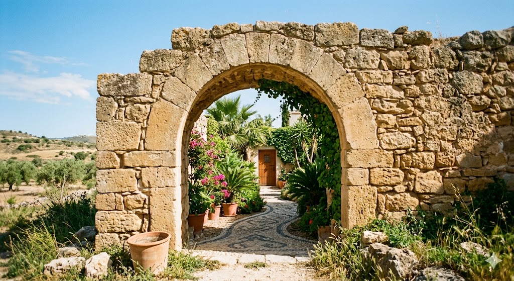 spain photograph of an ancient, unnamed Spanish stone archway in a rural landscape, looking through to a private, lush courtyard.