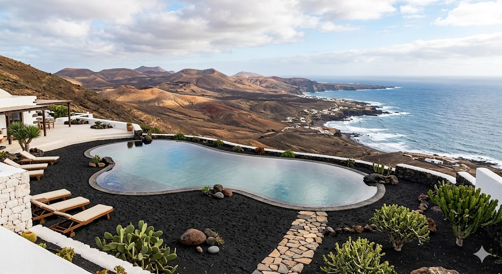 spain views of the volcanic terrain running down to the coast are hauntingly beautiful. The pool, edged in black volcanic sand, is a showstopper
