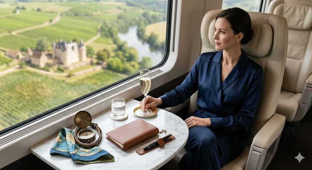 train refined passenger in a sleek, modern train cabin, looking out the window at the French countryside while holding a glass of champagne