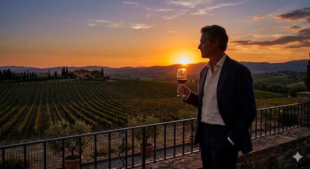 wine travel sophisticated traveler looking out over a vast European vineyard with a glass of wine, silhouetted against a setting sun.