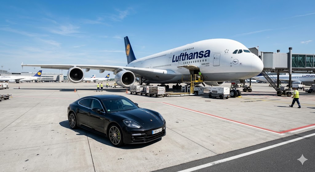 Lufthansa sleek black Porsche parked on the tarmac next to a massive Lufthansa aircraft under a clear blue sky.