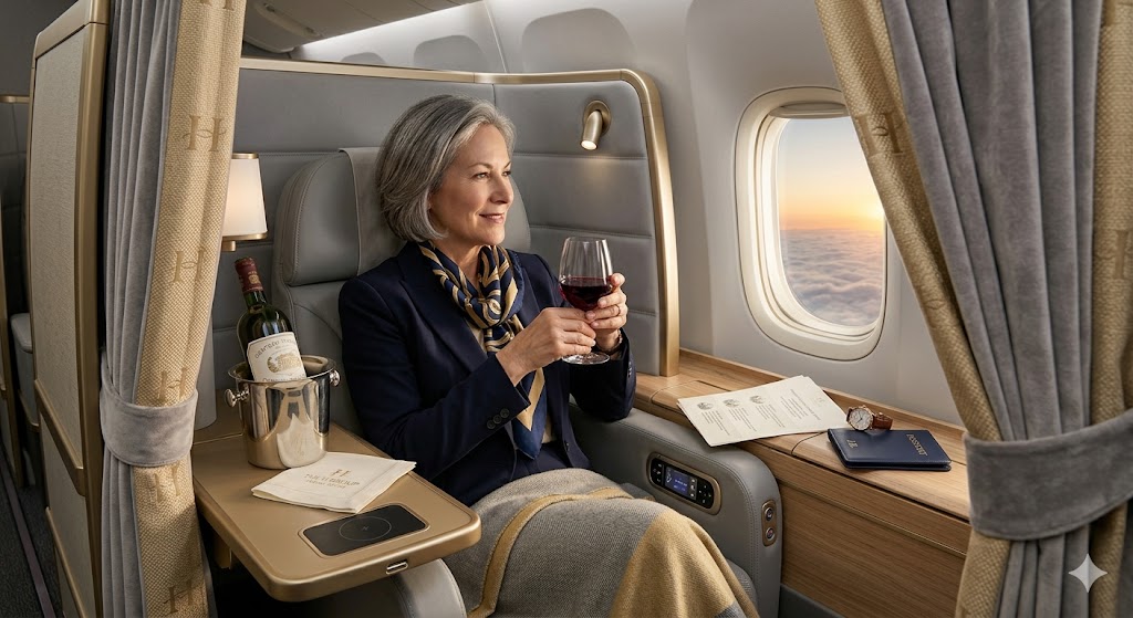 airfrance luxurious, private airline suite with thick curtains, soft grey and champagne gold tones, and a glass of fine French wine