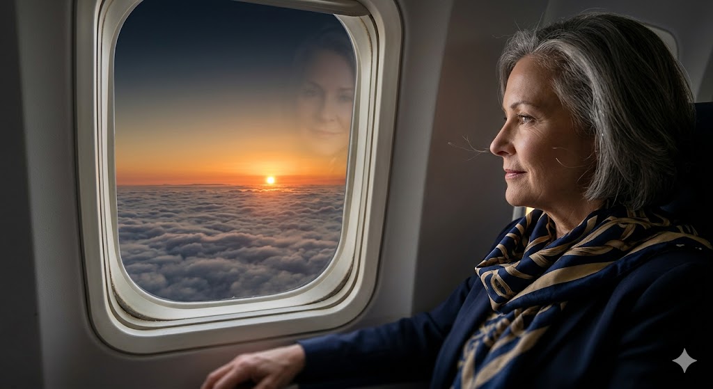 airlines image of A serene, minimalist photo of a traveler looking out of an airplane window at a sunset above the clouds.
