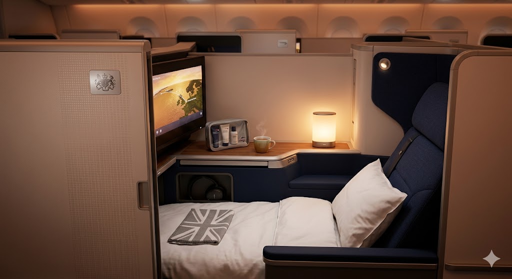 british airways close-up of a stylish British Airways Club Suite with the privacy door closed and a warm, inviting interior.