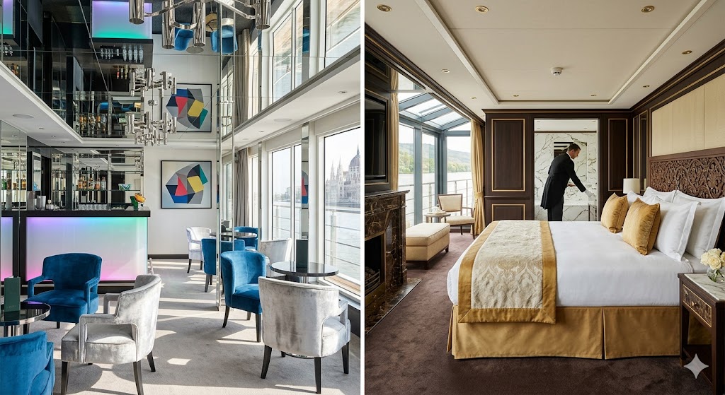 emerald montage of a sleek, mirrored Emerald lounge and a plush, marble-heavy Scenic suite.