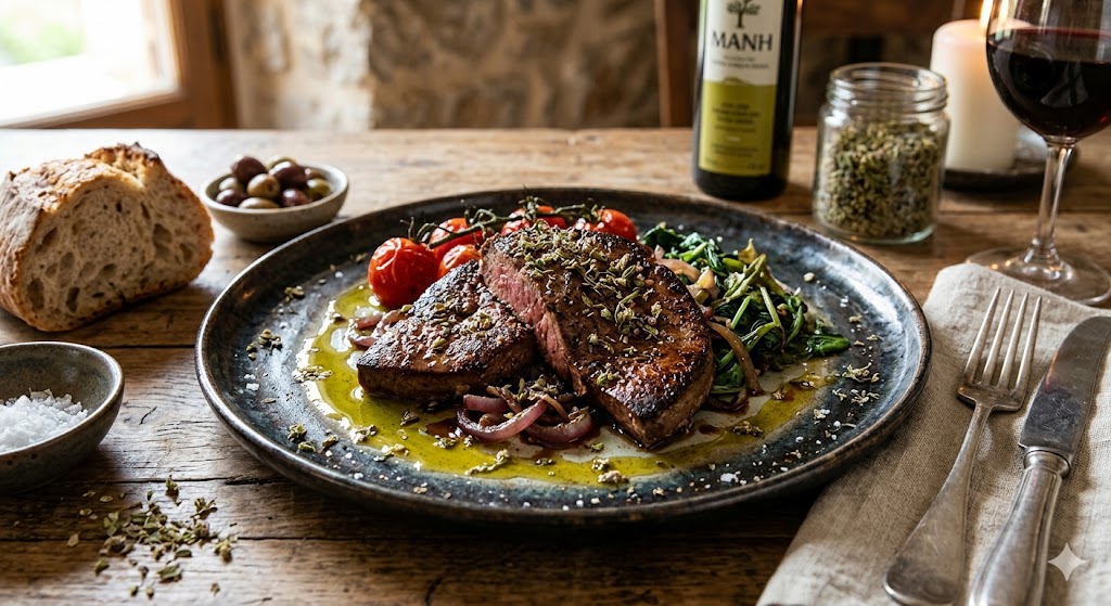 greece athens A beautifully plated dish of seared beef liver drizzled with peppery local olive oil, sharp vinegar, and wild mountain oregano.