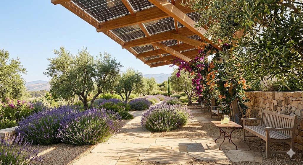 greece athens A bright, sunlit Mediterranean garden filled with lavender and olive trees beneath a massive, eco-friendly modern canopy roof. Niarchos park