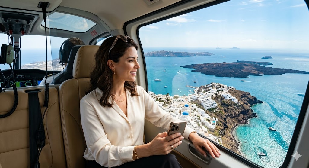 greece athens A glamorous traveler looking out the window of a modern helicopter at the panoramic views of the Cyclades below.
