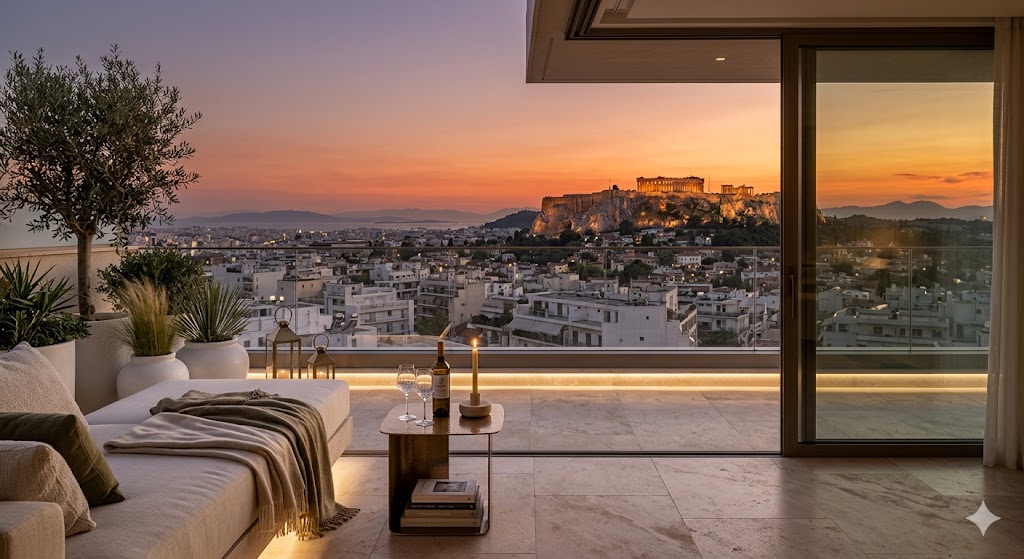 greece athens A luxurious, serene balcony view of Athens at sunset, embodying quiet luxury and elegance.