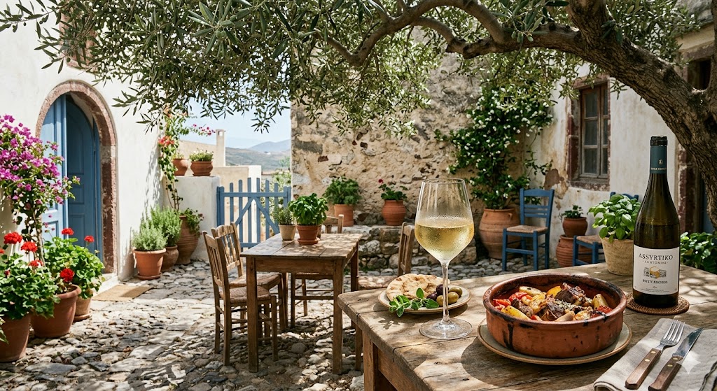 greece athens A serene, hidden courtyard shaded by an olive tree, featuring an elegant glass of Assyrtiko wine and a wood-fired dish.