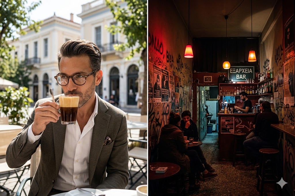 greece athens A split image showing an impeccably dressed local sipping an espresso freddo next to a moody, intimate Exarcheia bar.