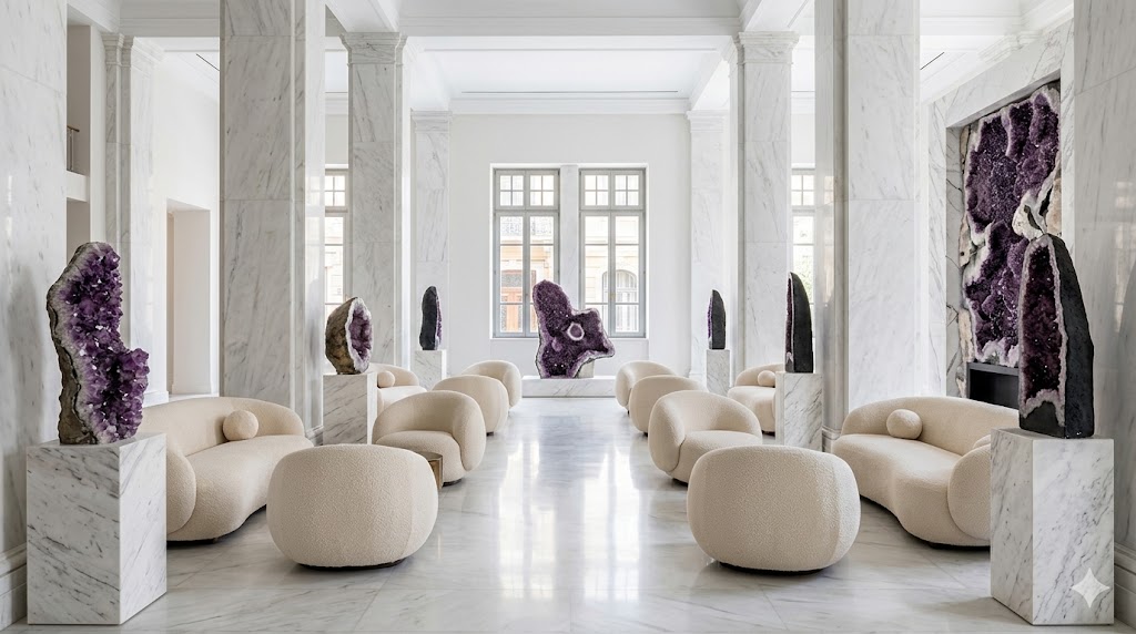 greece athens A stunning architectural shot of The Dolli's pristine marble lobby with dumpling-like bouclé armchairs and massive amethyst crystals.