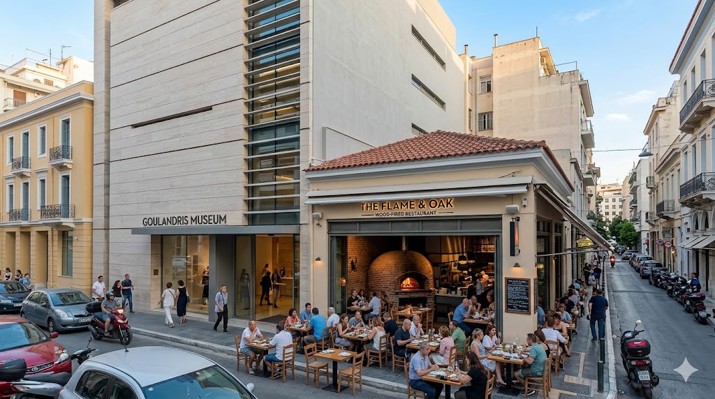 greece athens A vibrant street scene showing the sleek exterior of the Goulandris Museum alongside a lively wood-fired restaurant.