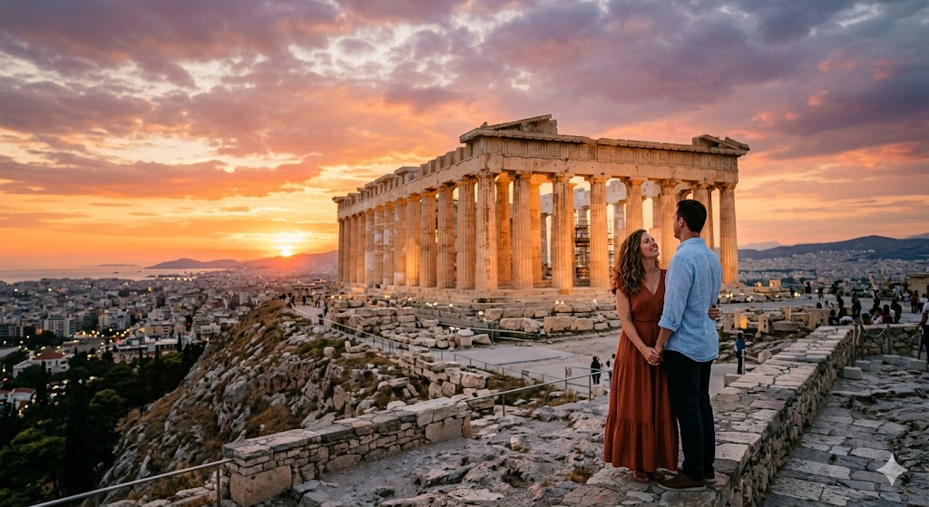 greece athens parthenon in athens at sunset with a couple standing in front of it